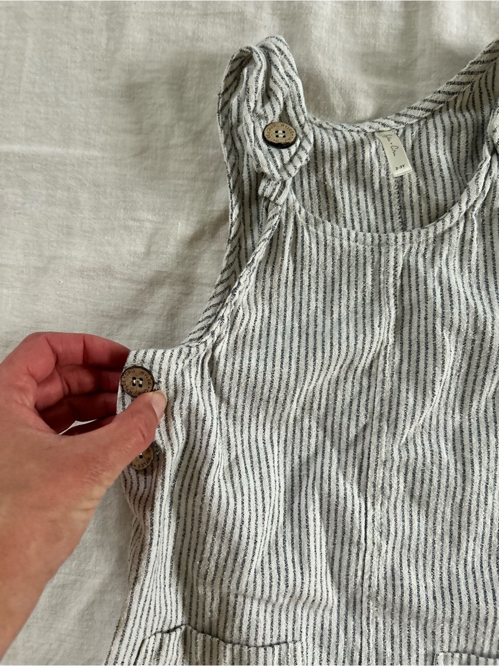 Rylee + Cru Striped Linen-Blend Overalls Dress in White and Gray